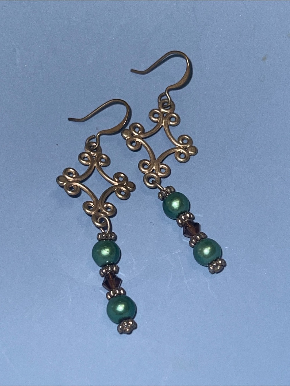 Filigree Drop Earrings with Emerald Green Beads